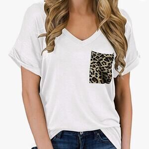 New MIHOLL V-Neck T-Shirt with Leopard Print Pocket Short Sleeve Size Small